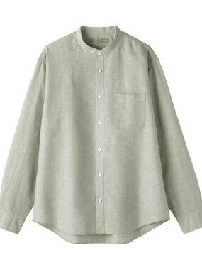 Muji Hemp Cotton Stand Collar Shirt Leaf Green Long Sleeve Casual Button Down M